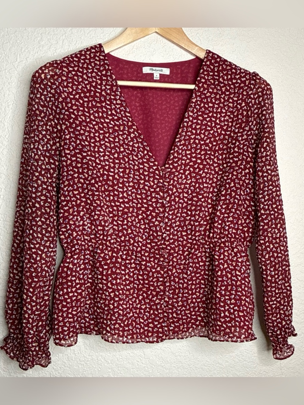 Madewell Burgundy Ditsy Floral V-Neck Button Front Peplum Blouse M Romantic Boho